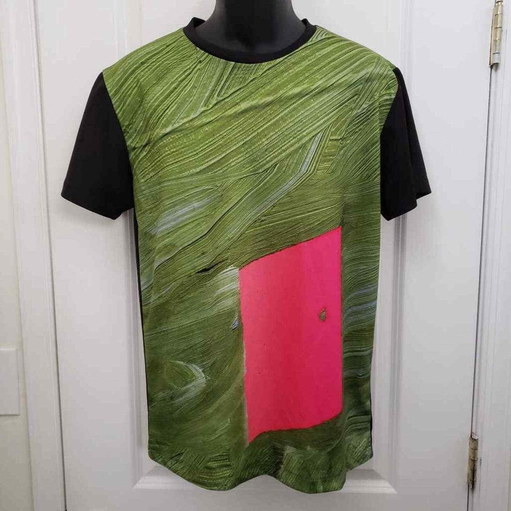 KYE Clothing Co Mens T-Shirt Green Pink Patchwork Textured Crew Neck Tee‎ L